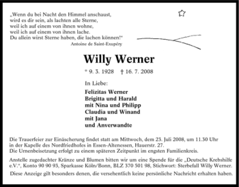 Traueranzeige von Willy Werner von Tageszeitung