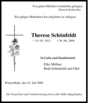 Traueranzeige von Therese Schönfeldt von Tageszeitung