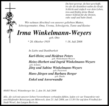 Traueranzeige von Irma Winkelmann-Weyers von Tageszeitung