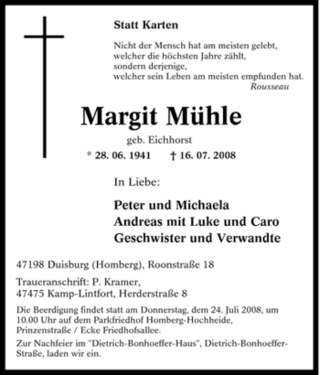 Traueranzeige von Margit Mühle von Tageszeitung