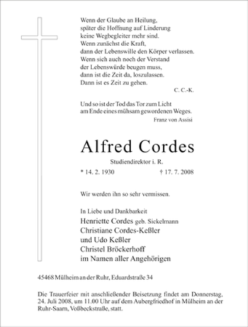 Traueranzeige von Alfred Cordes von Tageszeitung