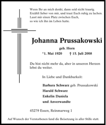 Traueranzeige von Johanna Prussakowski von Tageszeitung