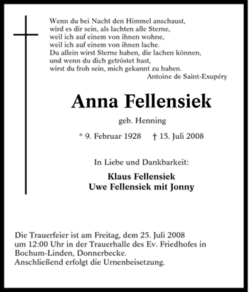 Traueranzeige von Anna Fellensiek von Tageszeitung