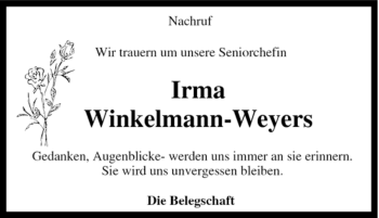 Traueranzeige von Irma Winkelmann-Weyers von Tageszeitung