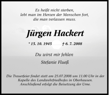 Traueranzeige von Jürgen Hackert von Tageszeitung