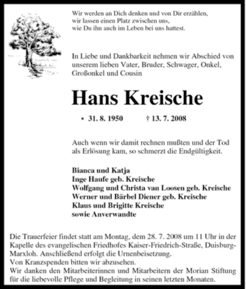 Traueranzeige von Hans Kreische von Tageszeitung