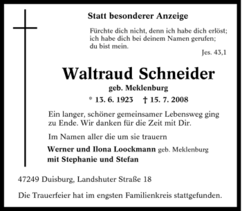 Traueranzeige von Waltraud Schneider von Tageszeitung
