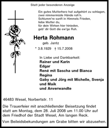 Traueranzeige von Herta Rohmann von Tageszeitung