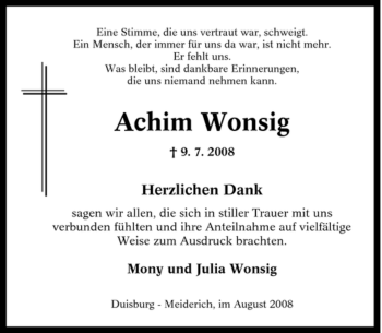 Traueranzeige von Achim Wonsig von Tageszeitung