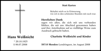 Traueranzeige von Hans Weißnicht von Tageszeitung