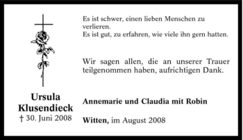 Traueranzeige von Ursula Klusendieck von Tageszeitung