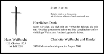 Traueranzeige von Hans Weißnicht von Tageszeitung