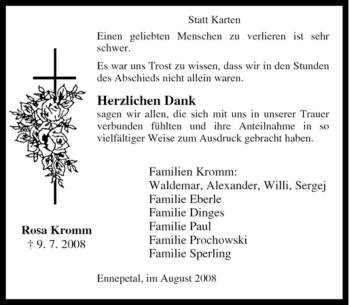 Traueranzeige von Rosa Kromm von Tageszeitung