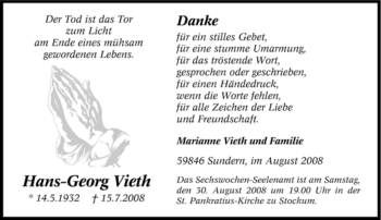 Traueranzeige von Hans-Georg Vieth von Tageszeitung