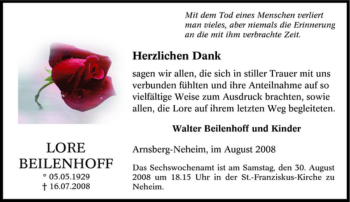 Traueranzeige von Lore Beilenhoff von Tageszeitung