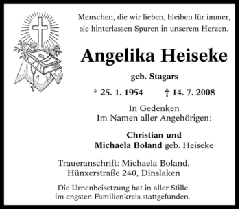 Traueranzeige von Angelika Heiseke von Tageszeitung