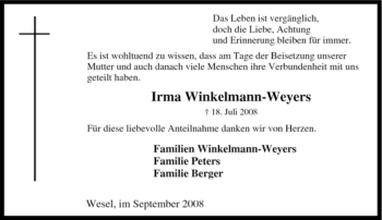 Traueranzeige von Irma Winkelmann-Weyers von Tageszeitung