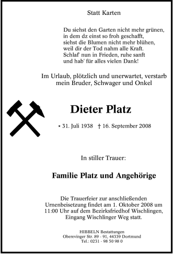 Traueranzeige von Dieter Platz von Tageszeitung