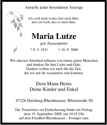 Traueranzeige von Maria Lutze von Tageszeitung