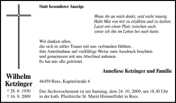 Traueranzeige von Wilhelm Ketzinger von Tageszeitung