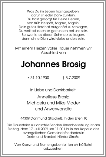 Traueranzeige von Johannes Brosig von Tageszeitung