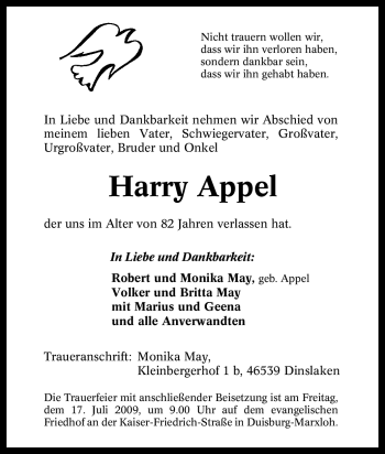 Traueranzeige von Harry Appel von Tageszeitung