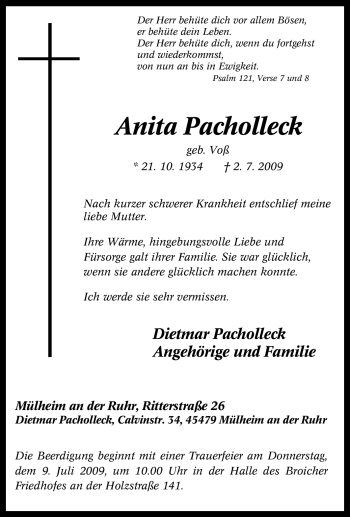 Traueranzeige von Anita Pacholleck von Tageszeitung