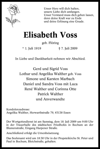 Traueranzeige von Elisabeth Voss von Tageszeitung