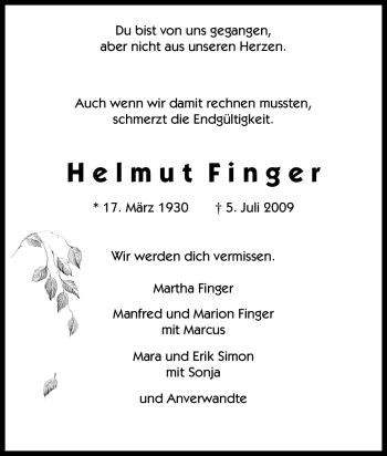 Traueranzeige von Helmut Finger von Tageszeitung
