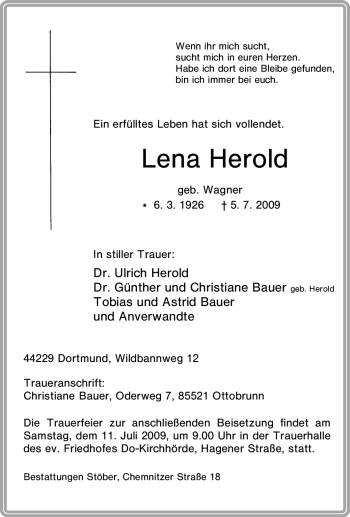 Traueranzeige von Lena Herold von Tageszeitung