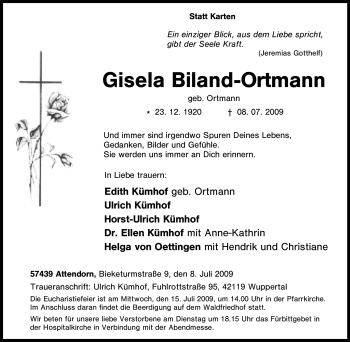 Traueranzeige von Gisela Biland-Ortmann von Tageszeitung