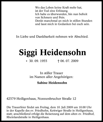 Traueranzeige von Siggi Heidensohn von Tageszeitung
