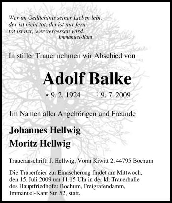 Traueranzeige von Adolf Balke von Tageszeitung