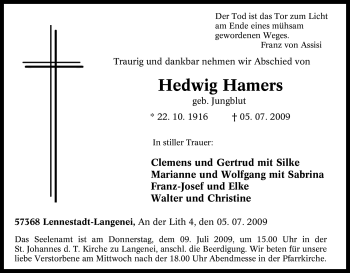 Traueranzeige von Hedwig Hamers von Tageszeitung