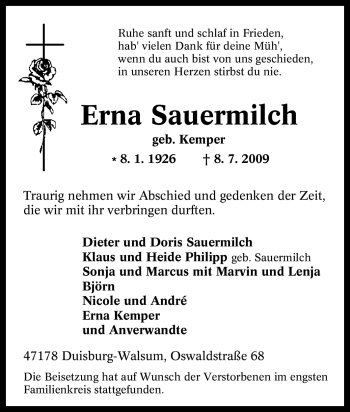 Traueranzeige von Erna Sauermilch von Tageszeitung