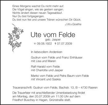 Traueranzeige von Ute vom Felde von Tageszeitung