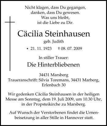 Traueranzeige von Cäcilia Steinhausen von Tageszeitung