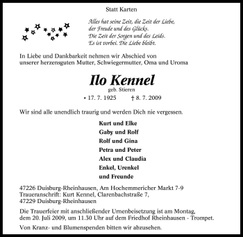 Traueranzeige von Ilo Kennel von Tageszeitung