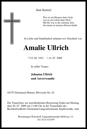 Traueranzeige von Amalie Ullrich von Tageszeitung