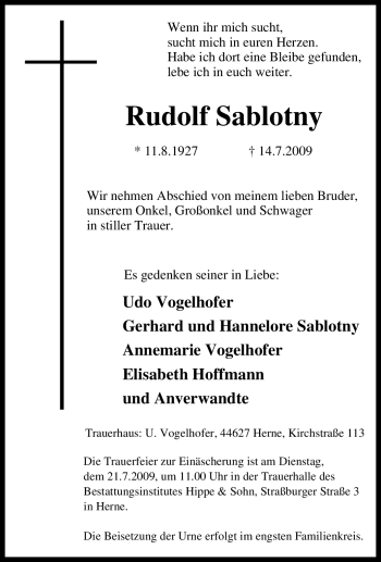 Traueranzeige von Rudolf Sablotny von Tageszeitung