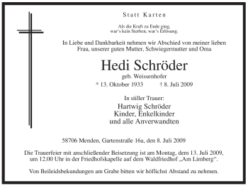 Traueranzeige von Hedi Schröder von Tageszeitung