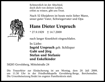 Traueranzeige von Hans Dieter Urspruch von Tageszeitung