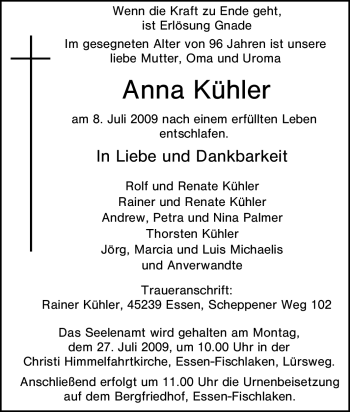 Traueranzeige von Anna Kühler von Tageszeitung