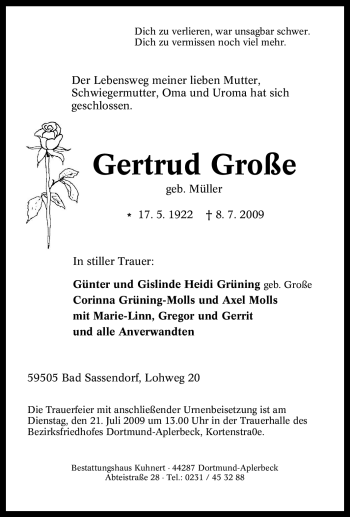 Traueranzeige von Gertrud Große von Tageszeitung