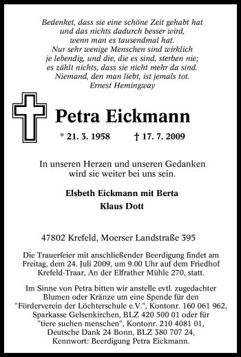 Traueranzeige von Petra Eickmann von Tageszeitung