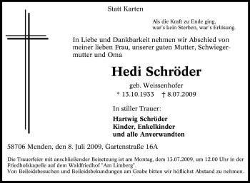 Traueranzeige von Hedi Schröder von Tageszeitung