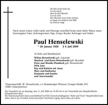 Traueranzeige von Paul Henselewski von Tageszeitung