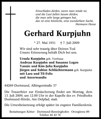 Traueranzeige von Gerhard Kurpjuhn von Tageszeitung
