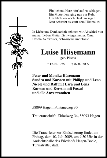 Traueranzeige von Luise Hüsemann von Tageszeitung