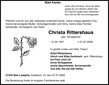 Traueranzeige von Christa Rittershaus von Tageszeitung
